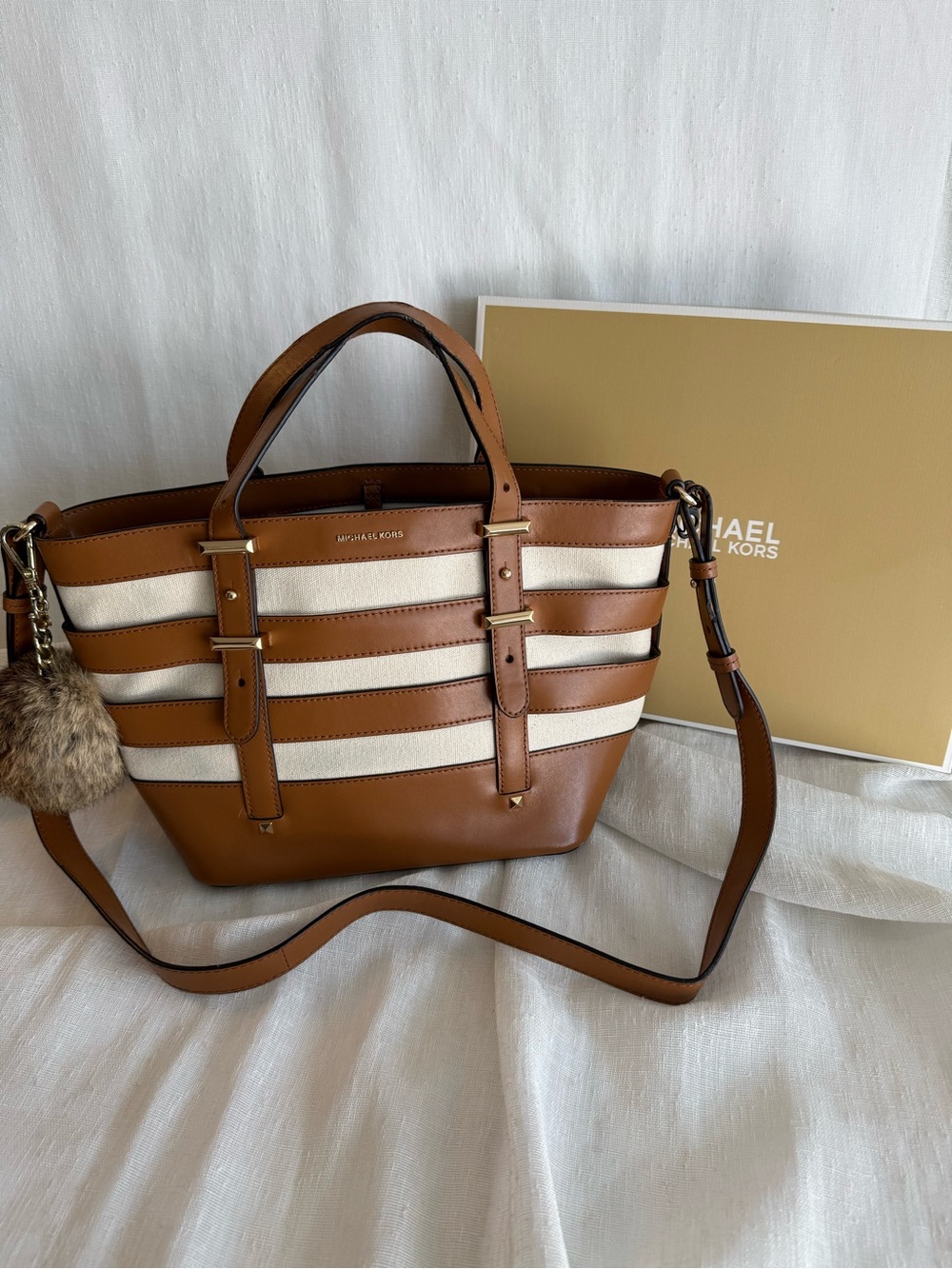 Michael Kors Brown and Cream Striped Leather Tote